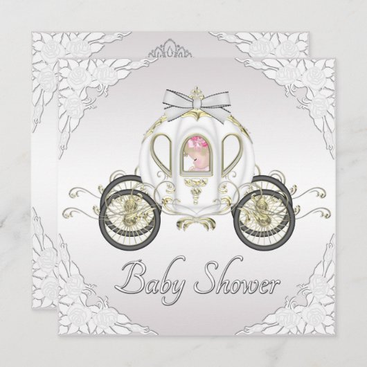 Prinzessin Coach und Rosen-weiße Baby-Dusche Einladung (Vorne/Hinten)