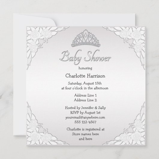 Prinzessin Coach und Rosen-weiße Baby-Dusche Einladung (Rückseite)