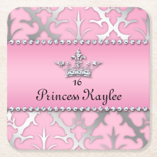 Prinzessin Crown Sweet 16 Quinceanera Damask Unter Rechteckiger Pappuntersetzer