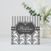 Prinzessin Damask & Stripe Black & White Baby Dusc Einladung (Stehend Vorderseite)