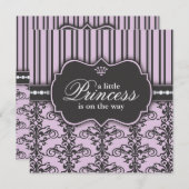 Prinzessin Damask & Stripe Lila Babydusche Einladung (Vorne/Hinten)