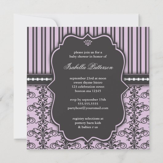 Prinzessin Damask & Stripe Lila Babydusche Einladung (Rückseite)