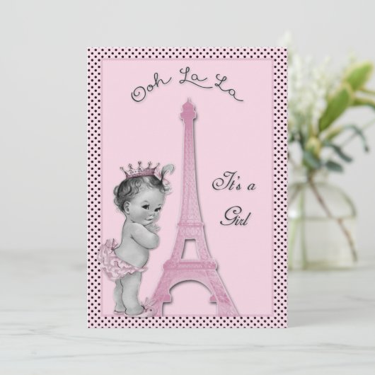 Prinzessin Eiffel Tower Polka Dots Baby Dusche Einladung (Stehend Vorderseite)