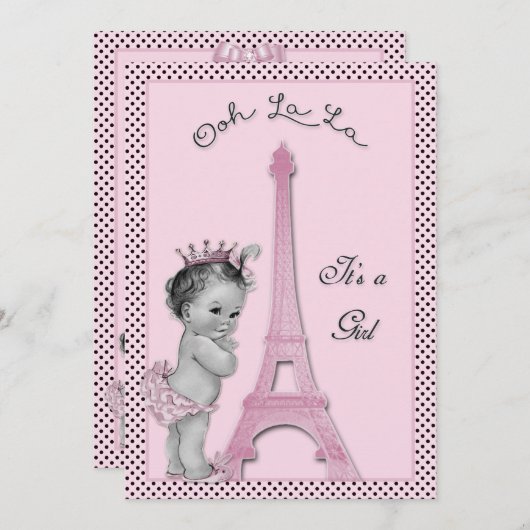 Prinzessin Eiffel Tower Polka Dots Baby Dusche Einladung (Vorne/Hinten)