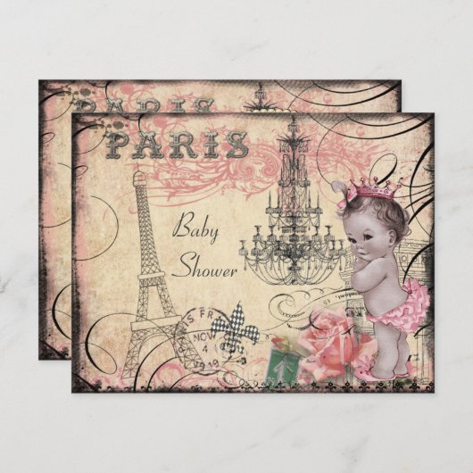 Prinzessin Eiffelturm u. Leuchter-Babyparty Einladung (Vorne/Hinten)