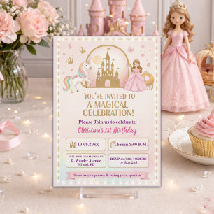 Prinzessin Einhorn Gold Schloss 1. Geburtstagsfeie Einladung