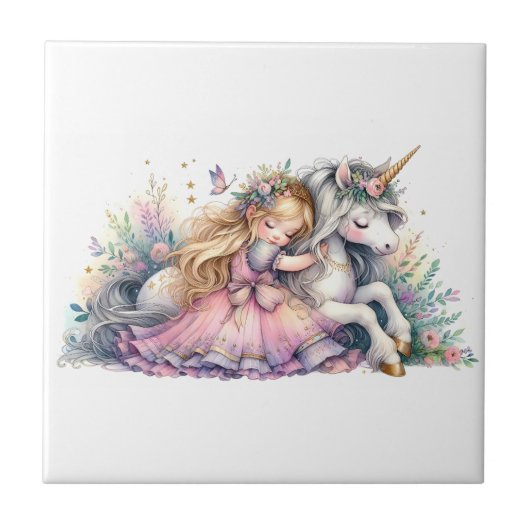 Prinzessin Einhorn Pastell Märchen Fantasy Fliese (Vorderseite)