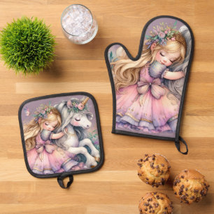 Prinzessin Einhorn Pastell Märchen Fantasy Lavende Ofenhandschuh & Topflappen-Set