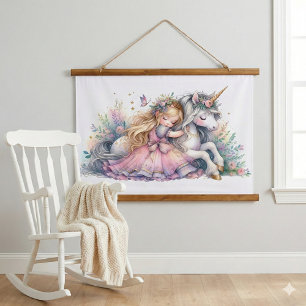 Prinzessin Einhorn Pastell Märchen Fantasy Wandteppich Mit Holzrahmen