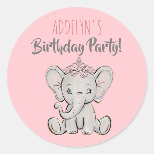 Prinzessin Elephant Tiara Pink Kind's Birthday Runder Aufkleber (Vorderseite)