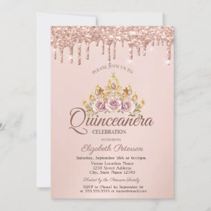 Prinzessin Florale Krone Roségold-Tropfen Quinceañ Einladung