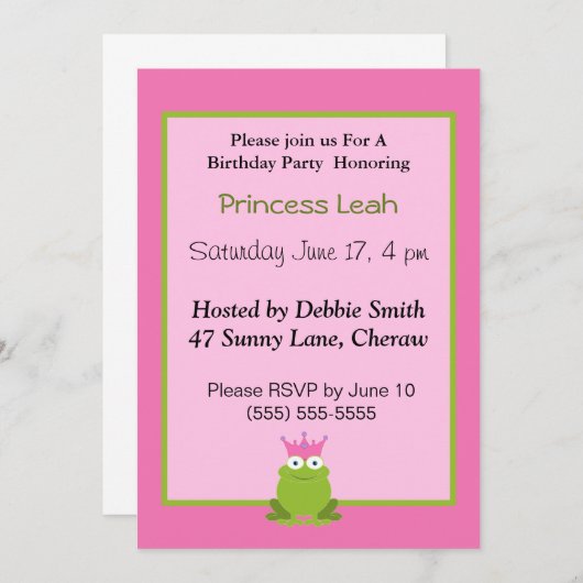 Prinzessin Frog zum Geburtstag Einladung. Einladung (Vorne/Hinten)