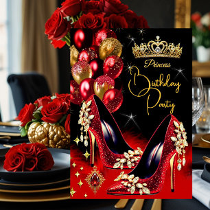 Prinzessin Geburtstag Rot Glitter High Heels Krone Einladung