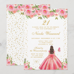 Prinzessin Geburtstagsfeier mit rosa floralem Haar Einladung