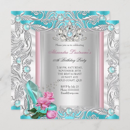 Prinzessin Geburtstagsparty Aquamarin rosa Rosenhö Einladung (Vorne/Hinten)