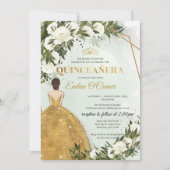 Prinzessin goldenes Kleid Blumengrün Quinceañera Einladung (Vorderseite)