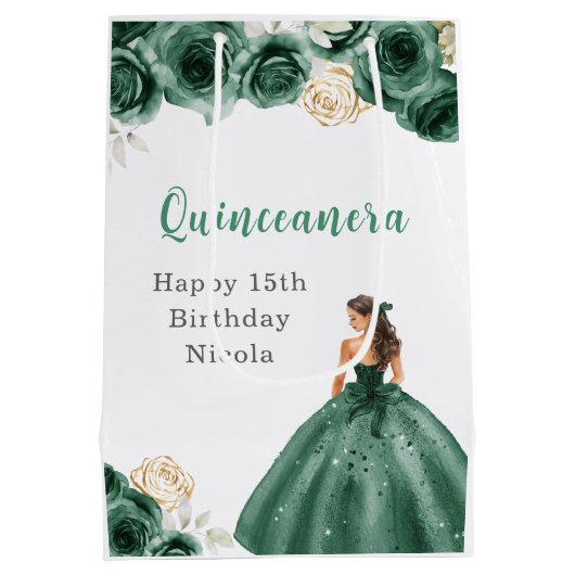Prinzessin im dunkelgrünen Kleid Quinceanera Mittlere Geschenktüte (Rückseite)