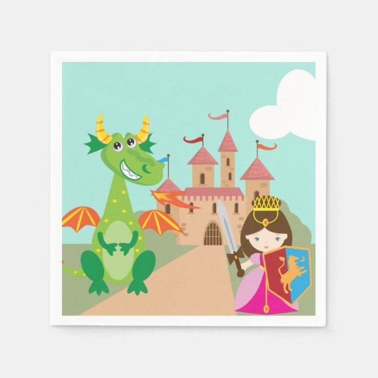 Prinzessin im rosa Schloss und lächelnder Drache Serviette (Vorderseite)