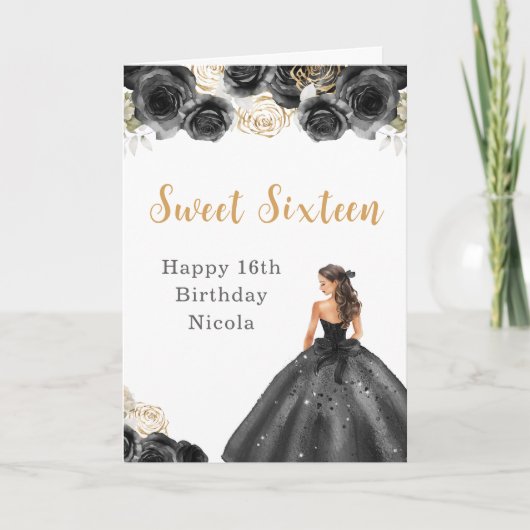 Prinzessin in Black Dress 16 . Geburtstag Geburtst Karte (Vorderseite)