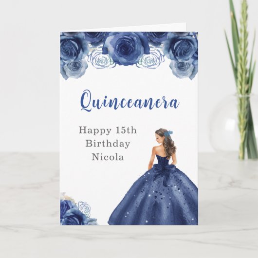 Prinzessin in Blauem Marinekleid Geburtstag Quince Karte (Vorderseite)