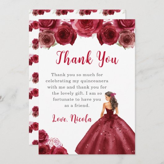 Prinzessin in einem roten Kleid Quinceanera Vielen Dankeskarte (Vorne/Hinten)