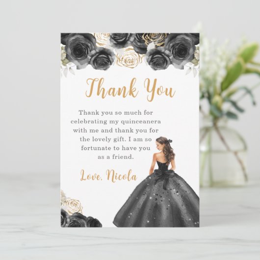 Prinzessin in einem schwarzen Kleid Quinceanera Vi Dankeskarte (Stehend Vorderseite)