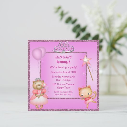 Prinzessin Kitty u. Bär, Tiara u. Glitzer lädt ein Einladung (Stehend Vorderseite)