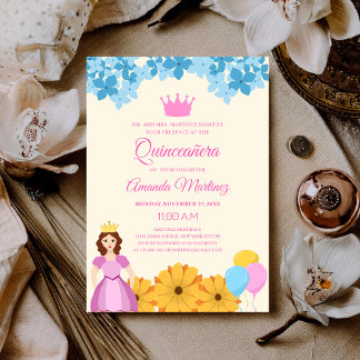 Prinzessin mit Blume elegante, lebendige Quinceañe Einladung