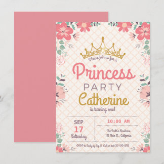 Prinzessin Party über floralen Hintergrund. Einladung