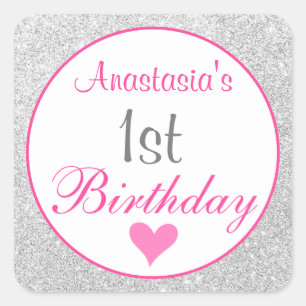 Prinzessin Pink & Silber Glitter 1. Geburtstag Quadratischer Aufkleber