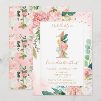 Prinzessin Pink und Gold Floral Erster Geburtstag Einladung