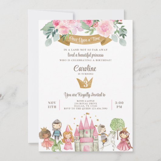 Prinzessin, Prinz und Ritter Einladung zum Geburts (Vorderseite)