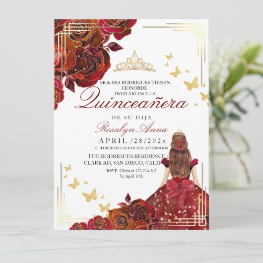 Prinzessin Quinceañera aus der Roten Rose Einladung (Stehend Vorderseite)