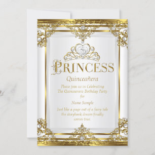 Prinzessin Quinceanera Elegant Gold Weiße Perle 2 Einladung