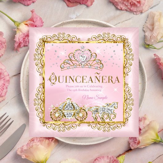 Prinzessin Quinceañera magischer Rosa Rosa Gold Einladung