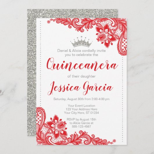 Prinzessin Quinceañera, Prinzessin von Red Lace un Einladung (Vorne/Hinten)
