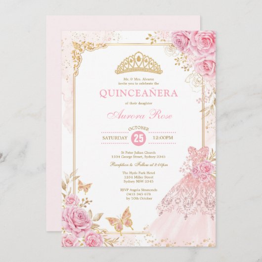Prinzessin Quinceañera, Prinzessin von Rosa und Go Einladung (Vorne/Hinten)