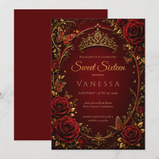 Prinzessin rote Gold Schmetterlinge Sweet 16 Einladung