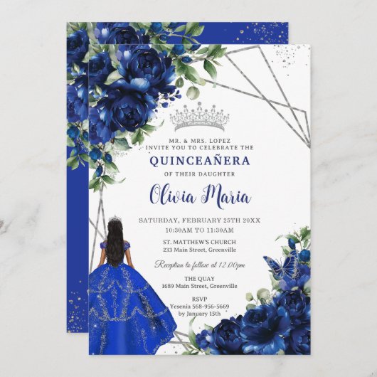 Prinzessin Silver Quinceañera Einladung (Vorne/Hinten)
