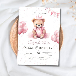 Prinzessin Teddy Bär Beary 1. Geburtstag Rosa Mädc Einladung