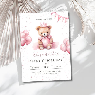 Prinzessin Teddy Bär Beary 1. Geburtstag Rosa Mädc Einladung