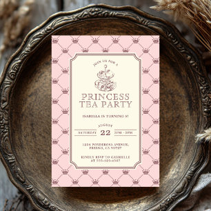 Prinzessin Teeparty Elegantes Rosa Kronen Muster Einladung
