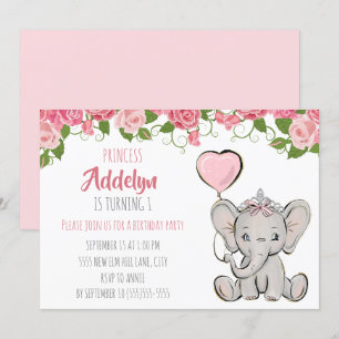 Prinzessin Tiara Elefant Rosa Blumen 1. Geburtstag Einladung