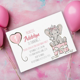 Prinzessin Tiara Elefant Rosa Luftballon 1. Geburt Einladung