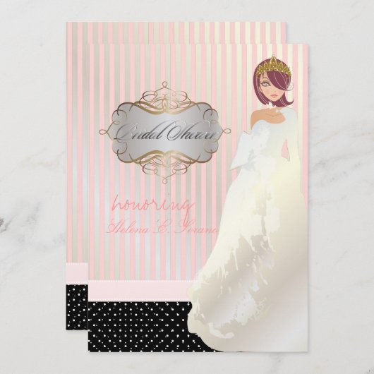 Prinzessin + Tiara/Streifen/Polka-Punkte/Brautpart Einladung (Vorne/Hinten)