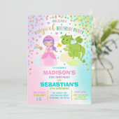 Prinzessin und Drache zum Geburtstag Einladung Ges (Stehend Vorderseite)