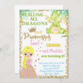 Prinzessin und Drachenbruder zum Geburtstag.  Einladung (Vorne/Hinten)