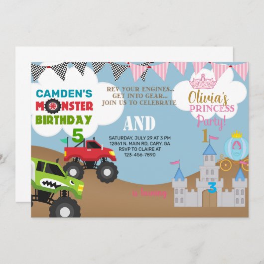 Prinzessin und Monster LKWs Geschwister Einladung. Einladung (Vorne/Hinten)