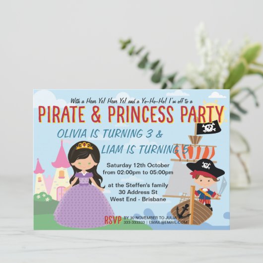 Prinzessin und Pirate Einladung (Stehend Vorderseite)