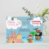 Prinzessin und Piraten Geschwister Geburtstagseinl Einladung (Stehend Vorderseite)